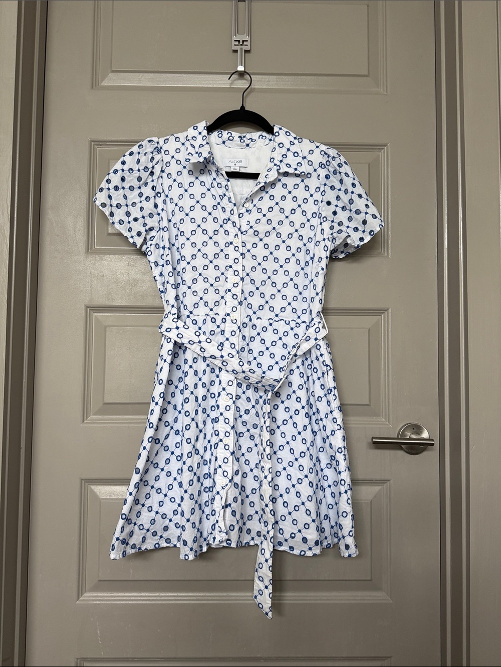 Alexis White Mini Shirt Dress with Blue Geometric Print